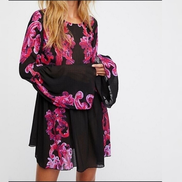 Free People Printed Symphony Smock Dress Sz S/P Black Red Floral Sheer Bohemian - Picture 2 of 12